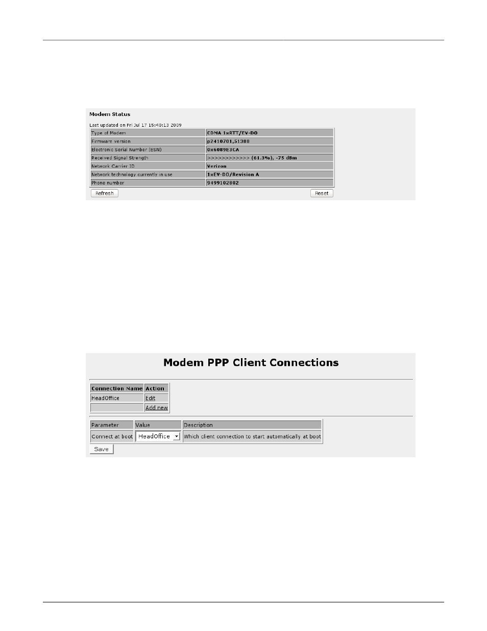 Modem ppp client connections, Cellular modem status (cdma), 116 13.8. modem ppp client connections | RuggedCom RuggedRouter RX1100 User Manual | Page 116 / 341