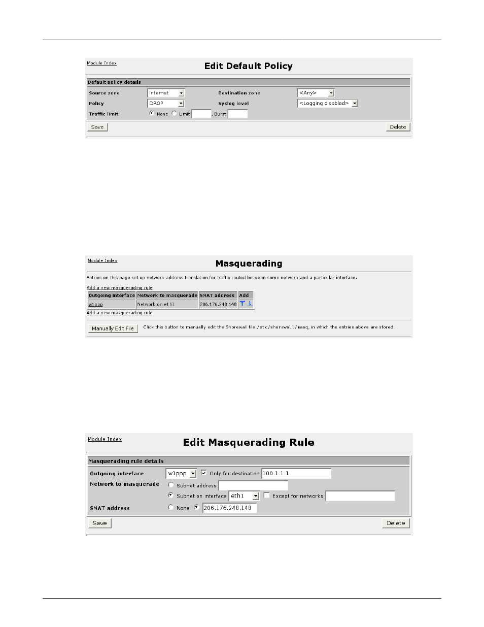 Masquerading, Editing a firewall default policy, 132 14.9. firewall masquerading and snat | 132 14.10. editing a masquerading rule | RuggedCom RuggedRouter RX1100 User Manual | Page 132 / 341