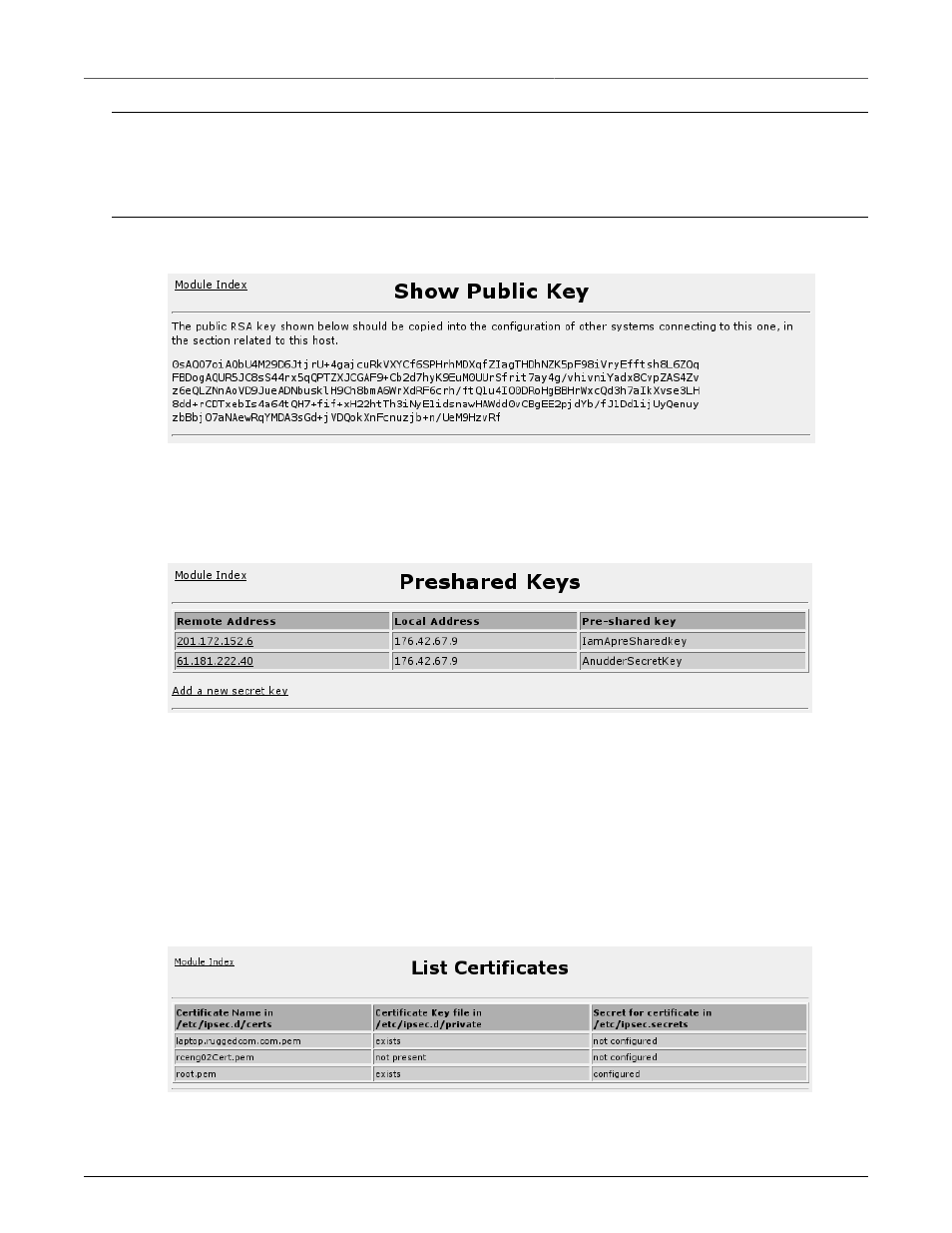 Public key, Pre-shared keys, List certificates | 151 16.2.6. pre-shared keys, 151 16.2.7. list certificates, Show public key, 151 16.7. pre-shared keys, 151 16.8. list certificates | RuggedCom RuggedRouter RX1100 User Manual | Page 151 / 341