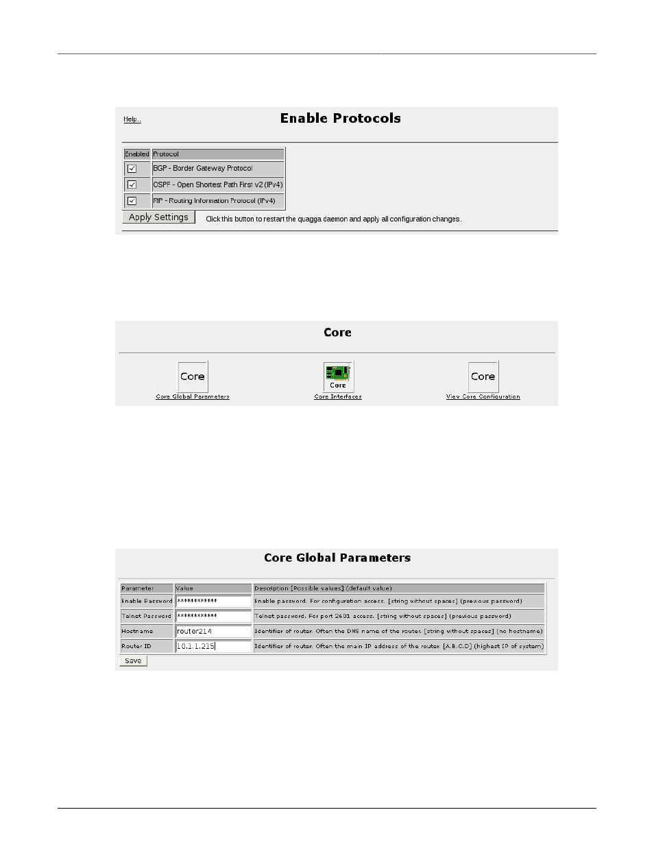 Enable protocols, Core, Core global parameters | 166 17.2.2. core, Dynamic protocol enable menu, 166 17.4. core menu, 166 17.5. core global parameters | RuggedCom RuggedRouter RX1100 User Manual | Page 166 / 341