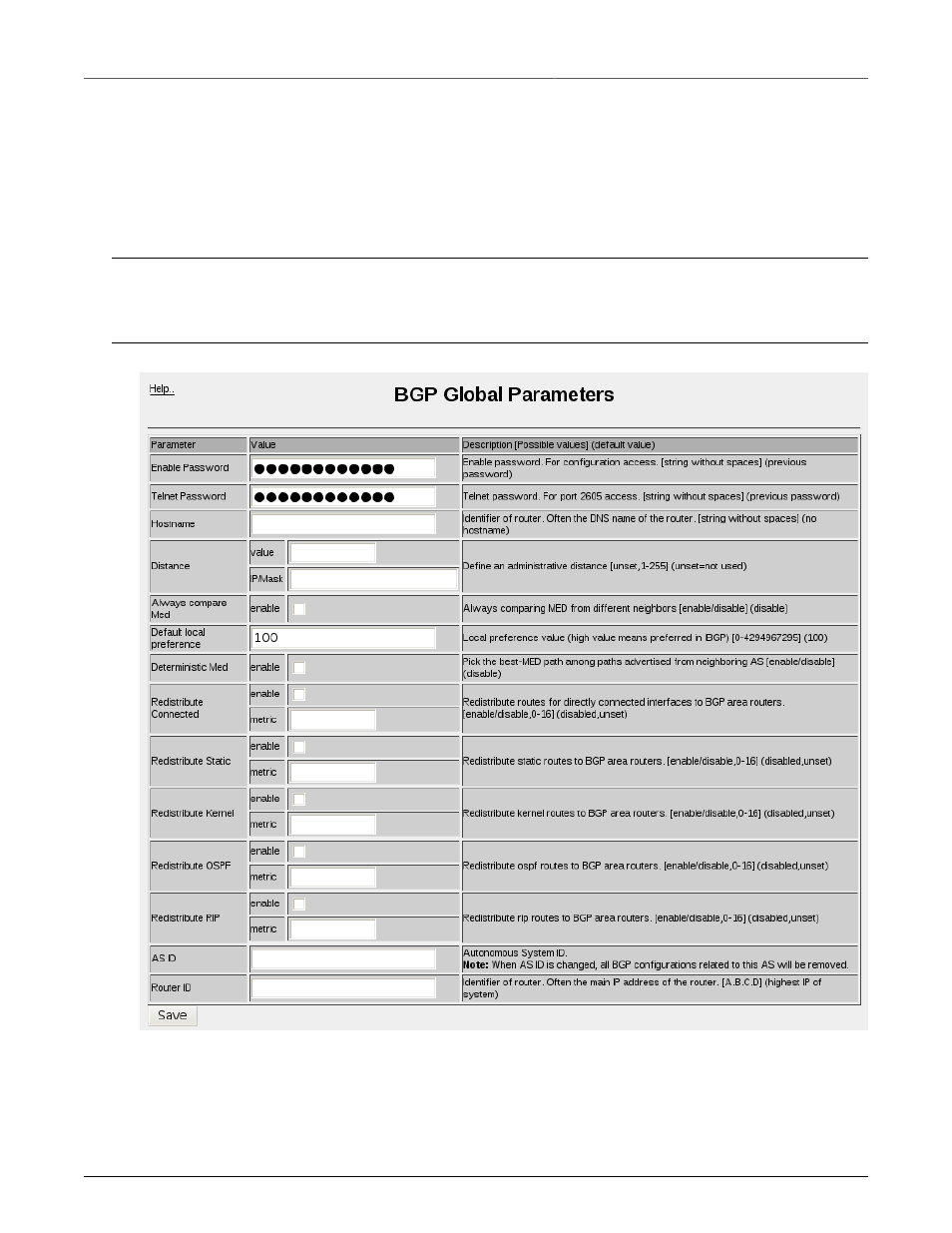 Bgp global parameters, Bgp global parameter menu | RuggedCom RuggedRouter RX1100 User Manual | Page 168 / 341