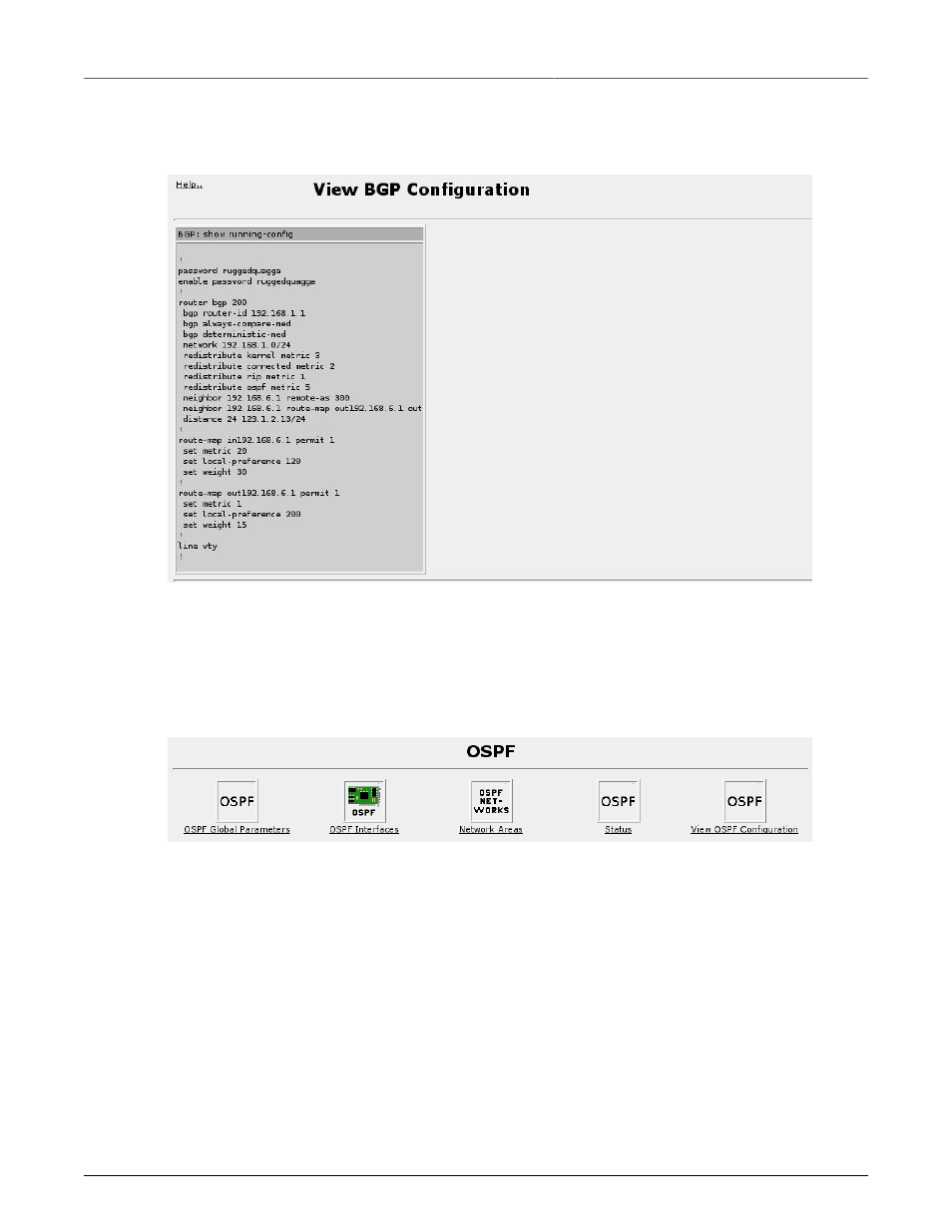 View bgp configuration, Ospf, View bgp configuration menu | 173 17.13. ospf menu | RuggedCom RuggedRouter RX1100 User Manual | Page 173 / 341