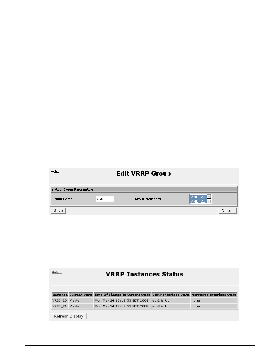 Editing a vrrp group, Viewing vrrp instances status, 194 19.2.5. viewing vrrp instances status | Vrrp group, 194 19.7. vrrp instances status | RuggedCom RuggedRouter RX1100 User Manual | Page 194 / 341