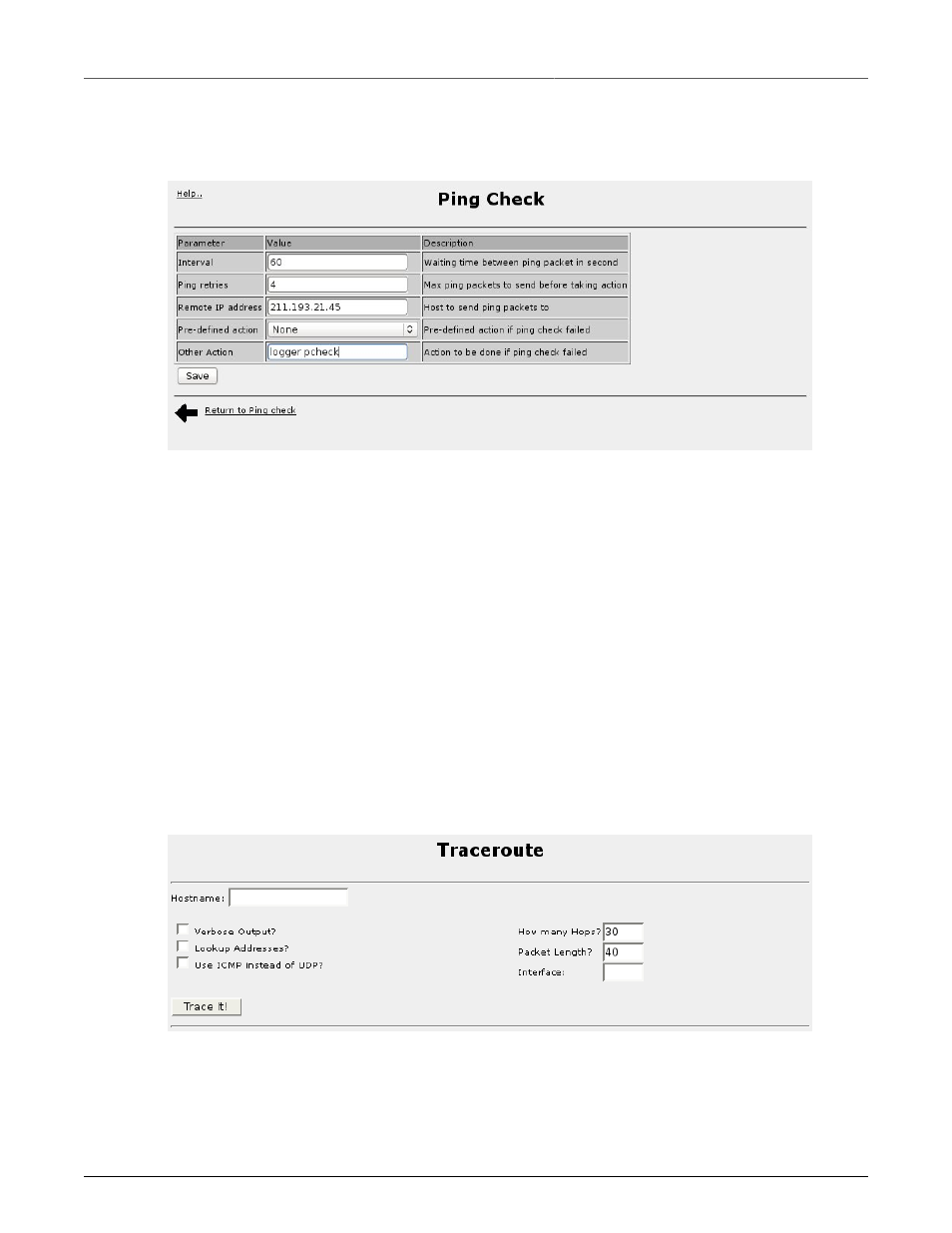 Traceroute menu, Ping check edit menu, 209 23.5. traceroute menu | RuggedCom RuggedRouter RX1100 User Manual | Page 209 / 341