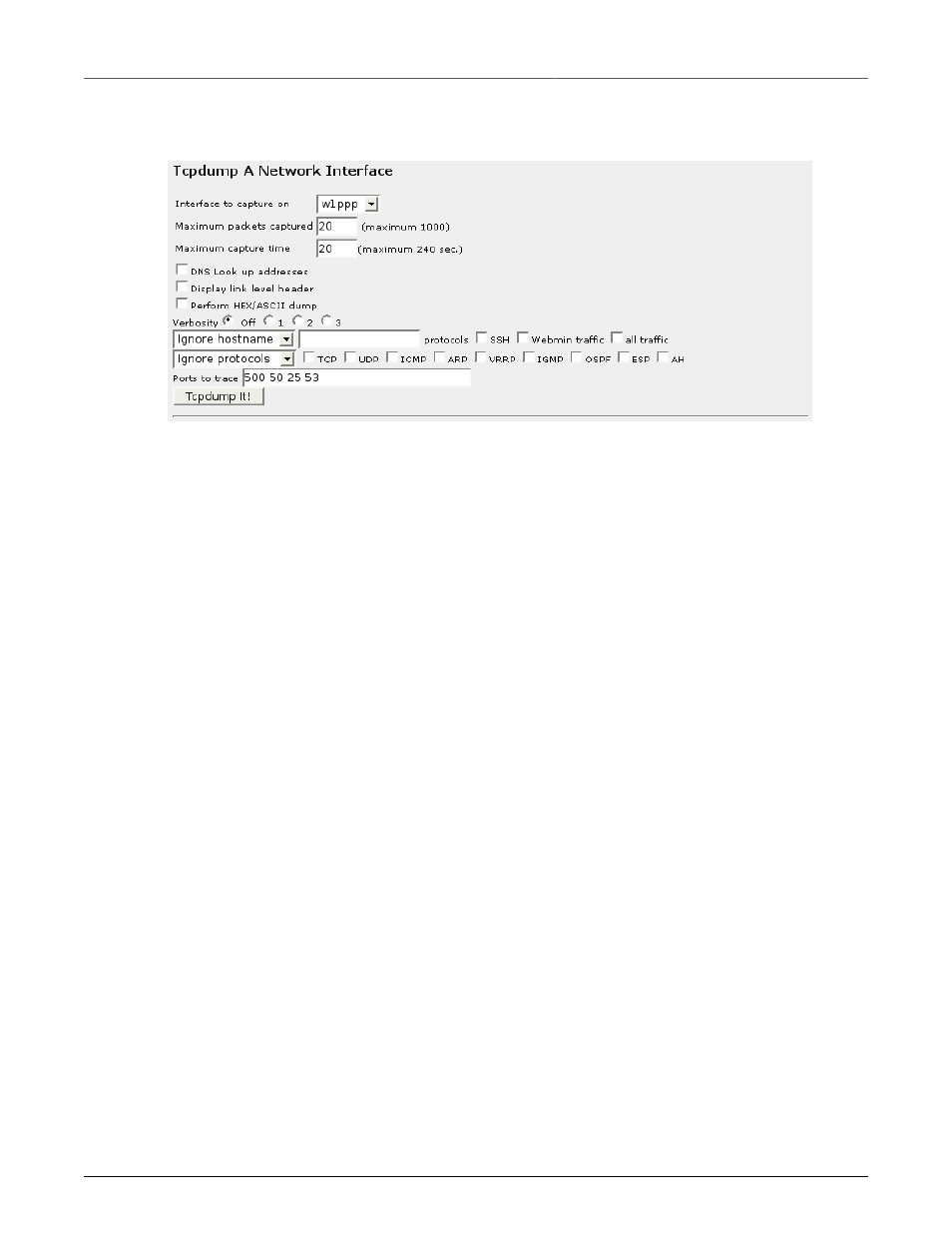 Tcpdump a network interface, Tcpdump menu | RuggedCom RuggedRouter RX1100 User Manual | Page 211 / 341