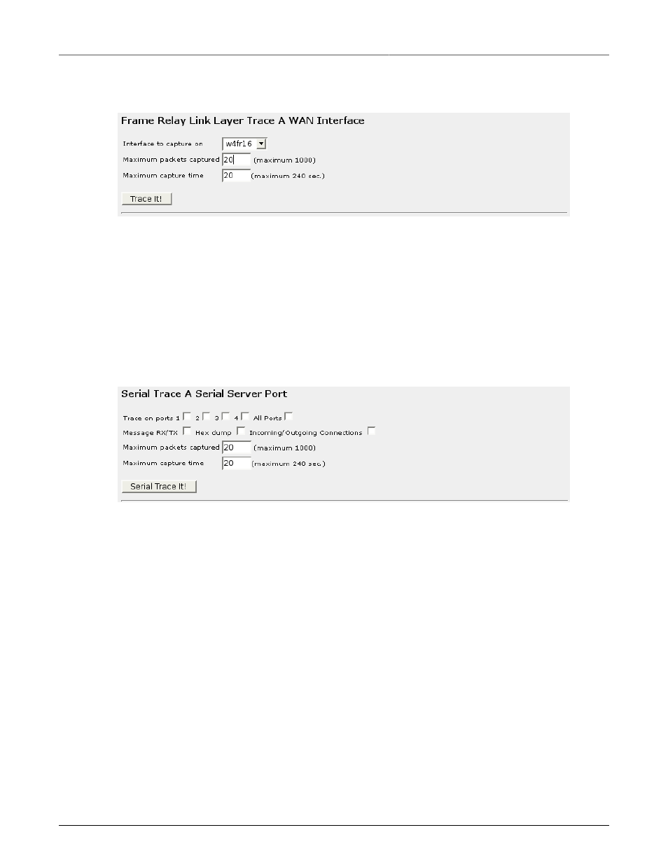 Frame relay link layer trace a wan interface, Serial trace a serial server port, 212 23.7.3. serial trace a serial server port | Frame relay trace menu, 212 23.9. serial server port trace menu | RuggedCom RuggedRouter RX1100 User Manual | Page 212 / 341