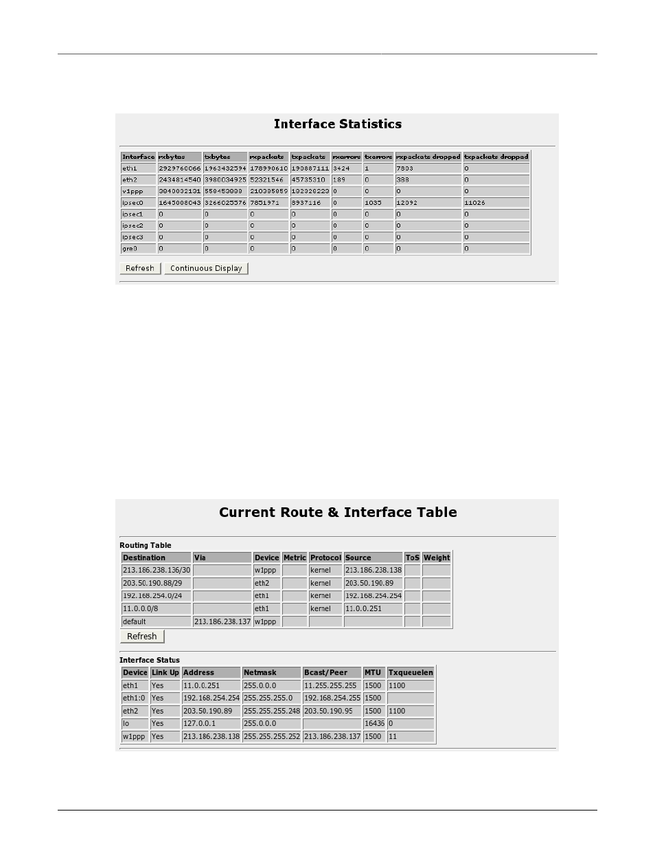 Interface statistics menu, Current routing & interface table, 213 23.11. current routing & interface table | RuggedCom RuggedRouter RX1100 User Manual | Page 213 / 341