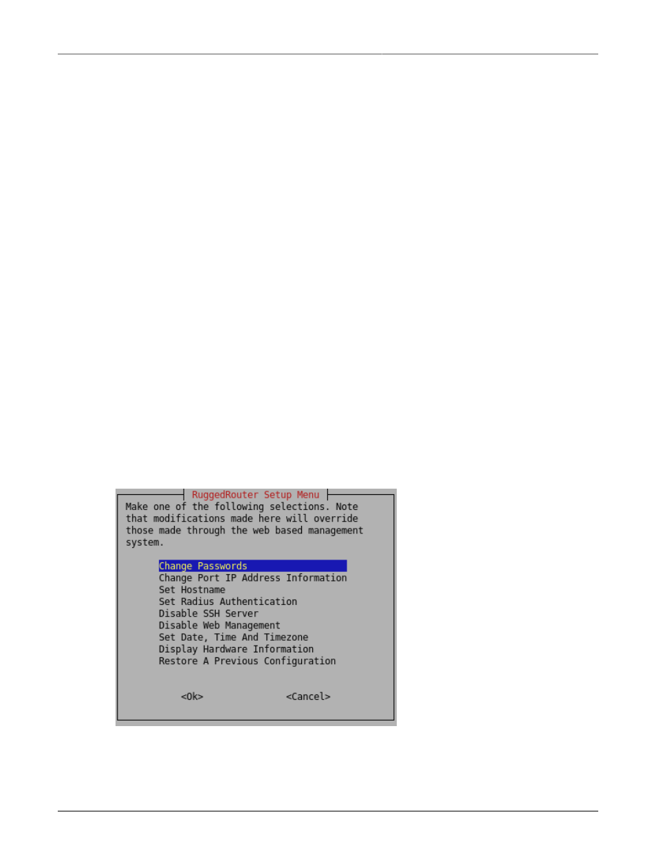 Accessing the ruggedrouter command prompt, From the console port, From ssh | The ruggedrouter setup shell, 24 1.2.2. from ssh, Ruggedrouter setup main menu | RuggedCom RuggedRouter RX1100 User Manual | Page 24 / 341