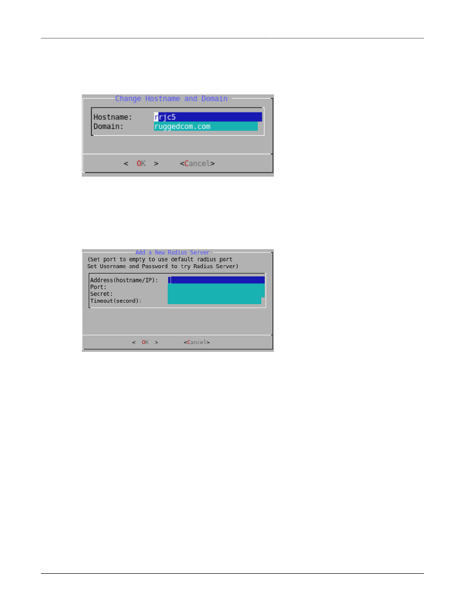 Setting the hostname and domain, Configuring radius authentication, Enabling and disabling the ssh and web server | 26 1.3.4. configuring radius authentication, Hostname and domain configuration menu, 26 1.6. radius server configuration menu | RuggedCom RuggedRouter RX1100 User Manual | Page 26 / 341