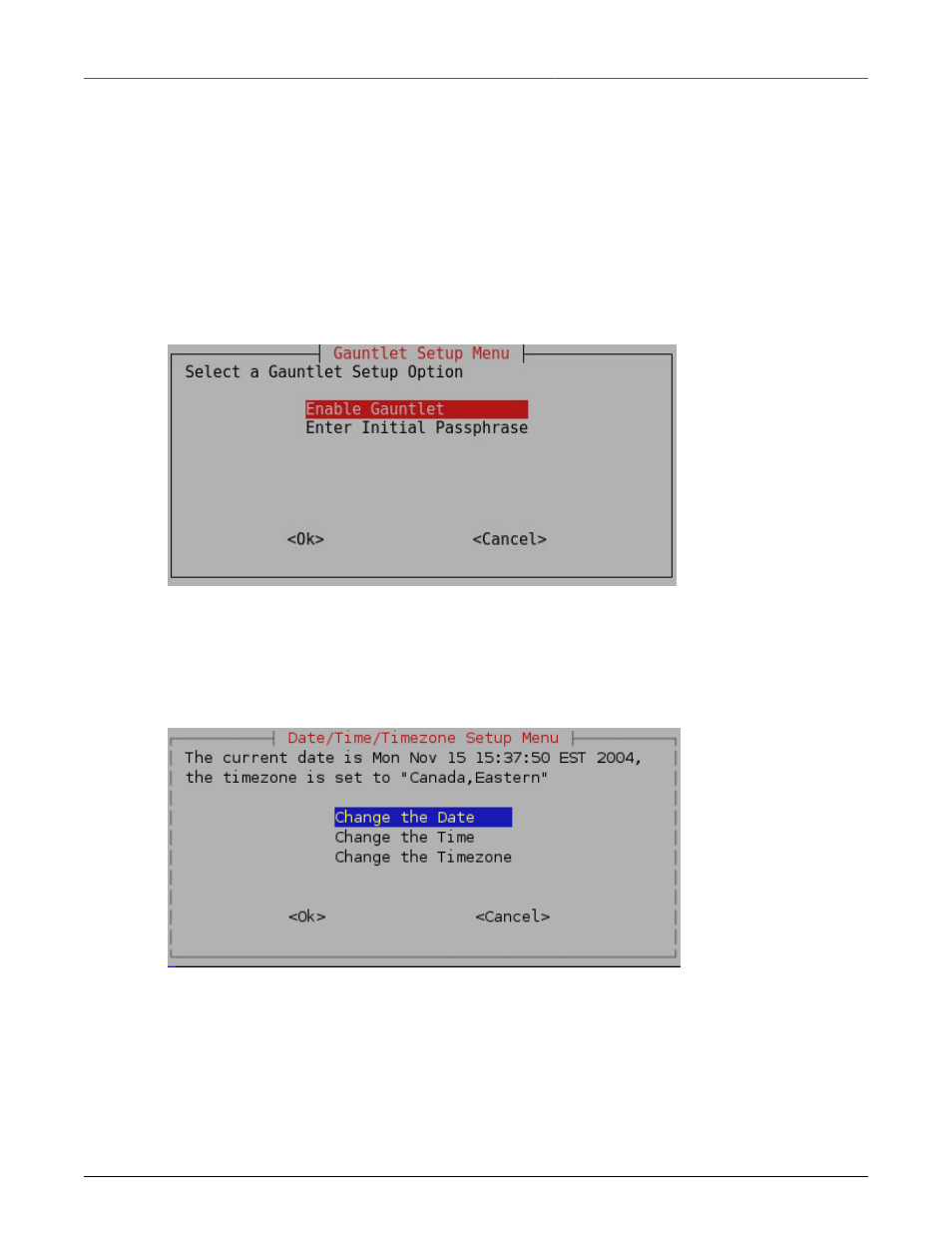 Configuring the date, time and timezone, Displaying hardware information, 27 1.3.7. configuring the date, time and timezone | 27 1.3.8. displaying hardware information, Gauntlet setup menu, 27 1.8. ruggedrouter date/time/timezone menu | RuggedCom RuggedRouter RX1100 User Manual | Page 27 / 341