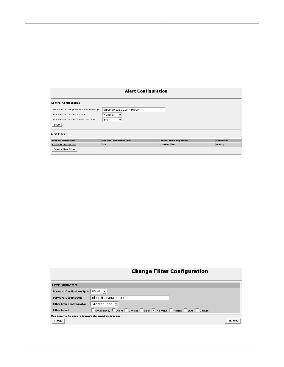 Alert configuration, Alert filter configuration, Alert configuration menu | 282 34.3. alert filter configuration menu | RuggedCom RuggedRouter RX1100 User Manual | Page 282 / 341