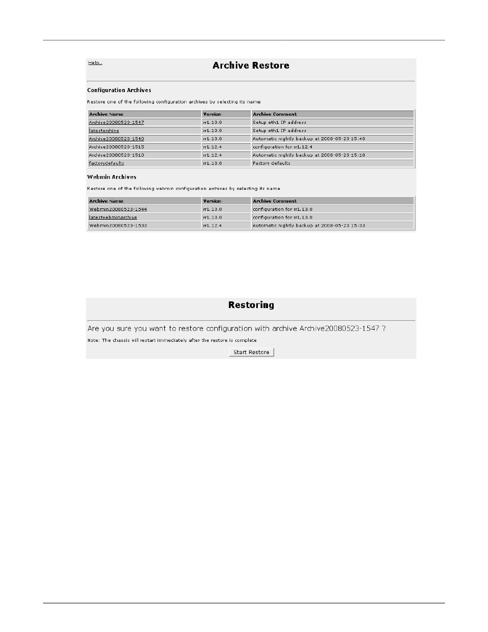 Archive restore menu, 297 34.19. start restore | RuggedCom RuggedRouter RX1100 User Manual | Page 297 / 341