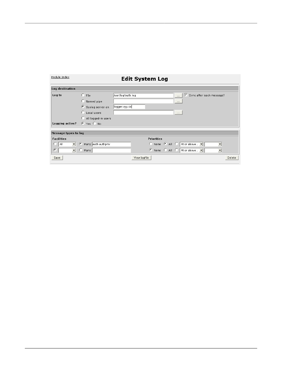 Changing a syslog entry to log remotely | RuggedCom RuggedRouter RX1100 User Manual | Page 315 / 341