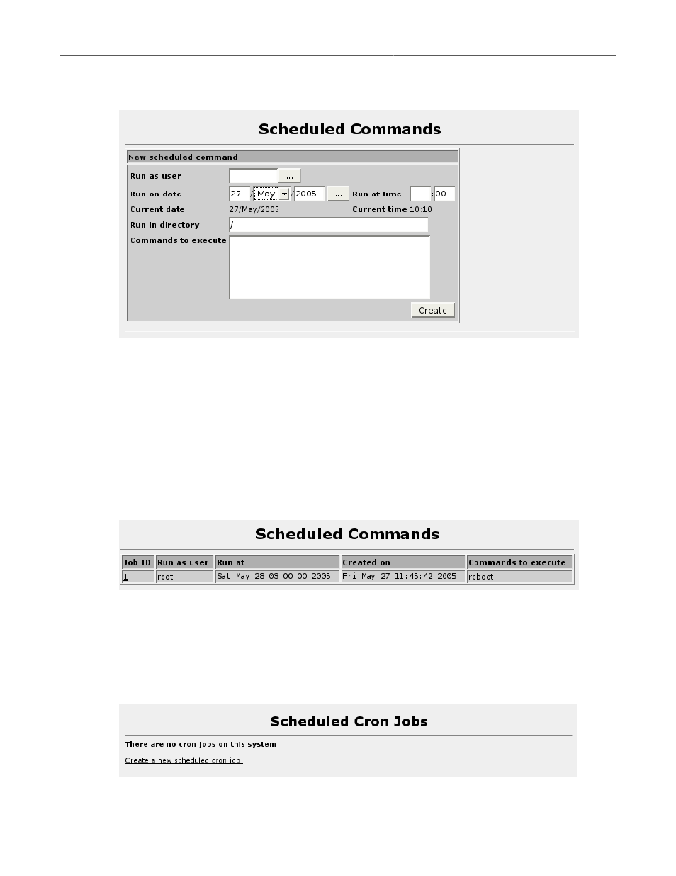 Scheduled commands, Scheduled cron jobs, 47 4.5. scheduled cron jobs | 47 4.5. scheduled commands displaying a command, 47 4.6. webmin scheduled cron jobs | RuggedCom RuggedRouter RX1100 User Manual | Page 47 / 341