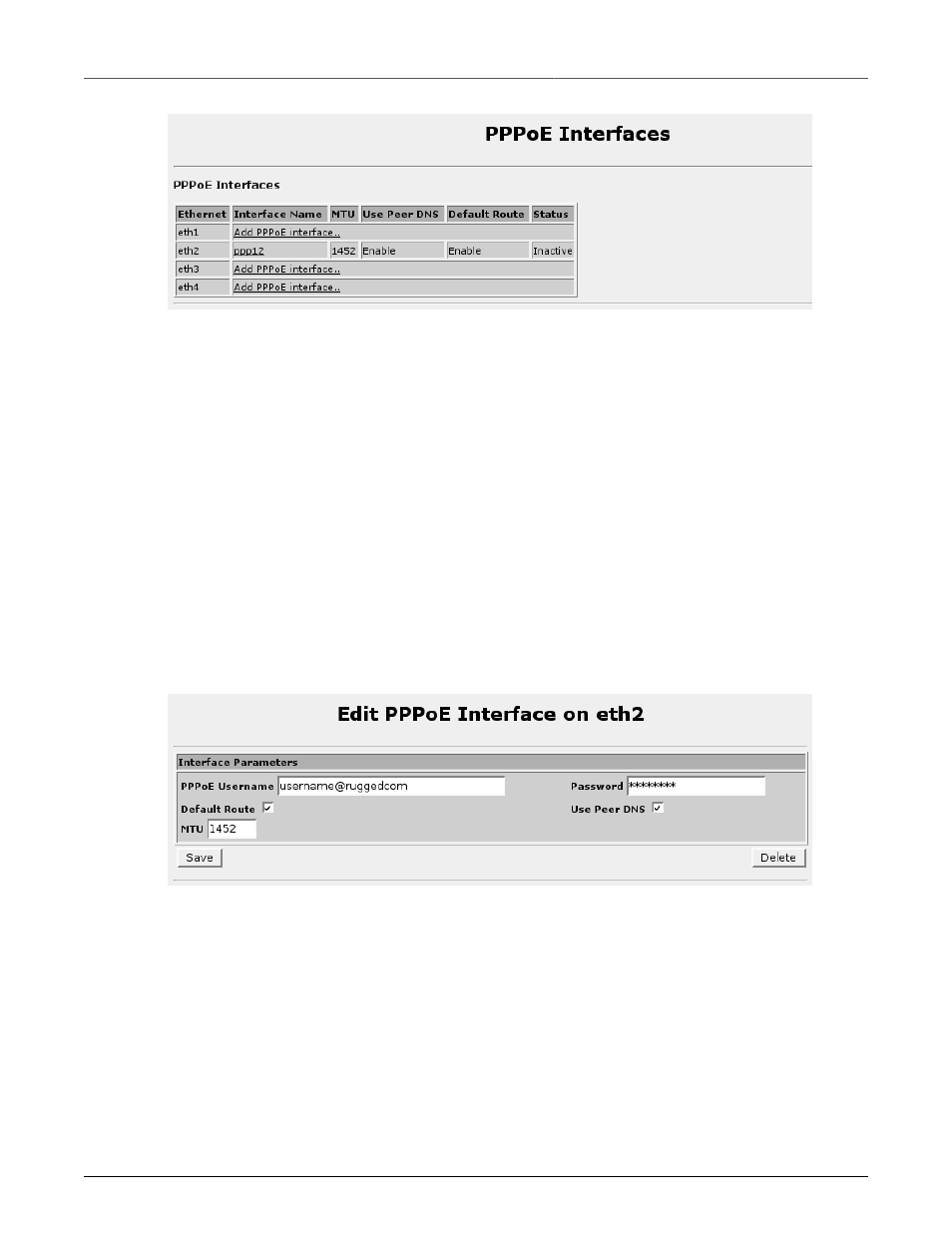 Edit pppoe interface, List pppoe interfaces, 65 6.8. editing a pppoe interface | RuggedCom RuggedRouter RX1100 User Manual | Page 65 / 341