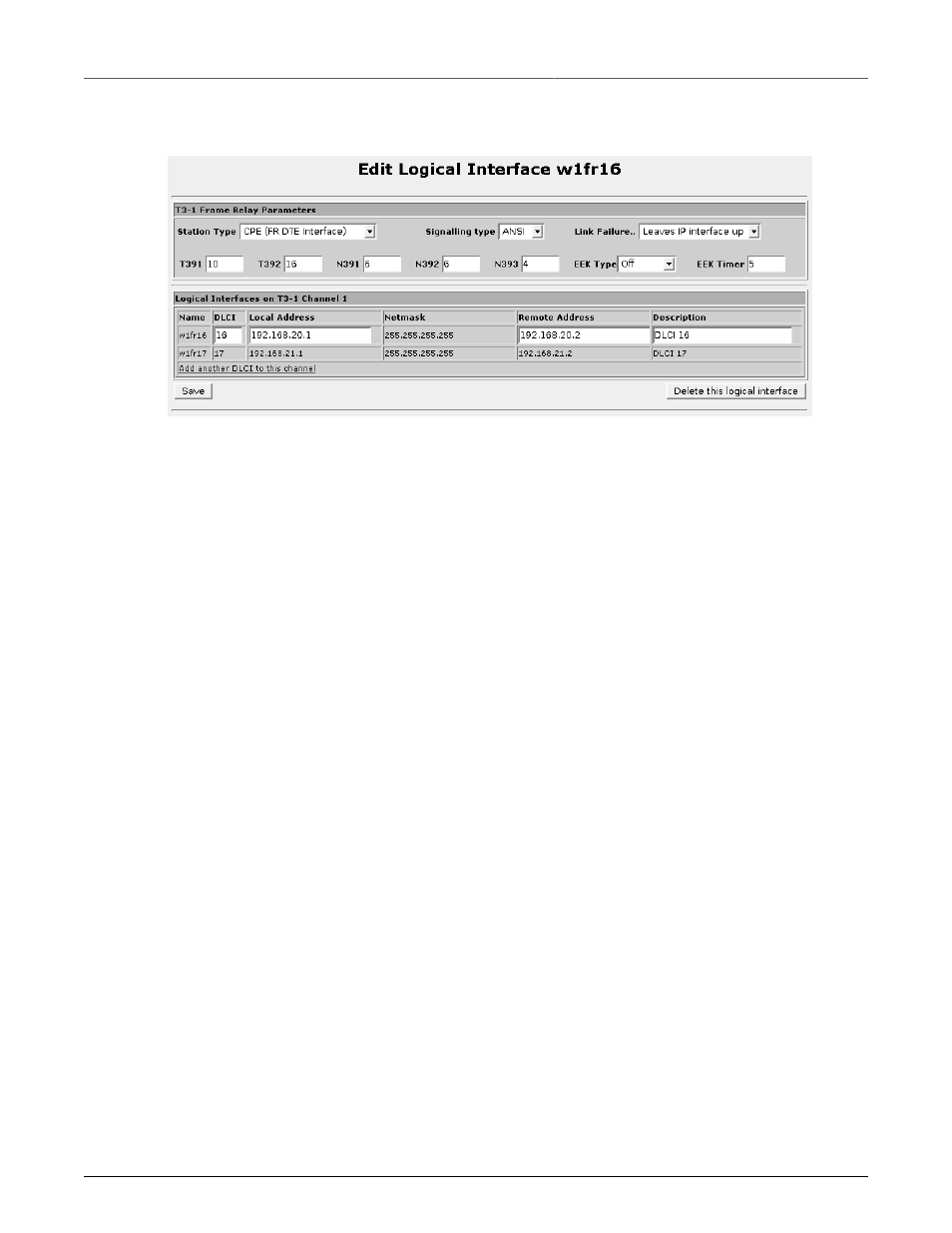 Editing a logical interface (frame relay), Frame relay link parameters | RuggedCom RuggedRouter RX1100 User Manual | Page 72 / 341