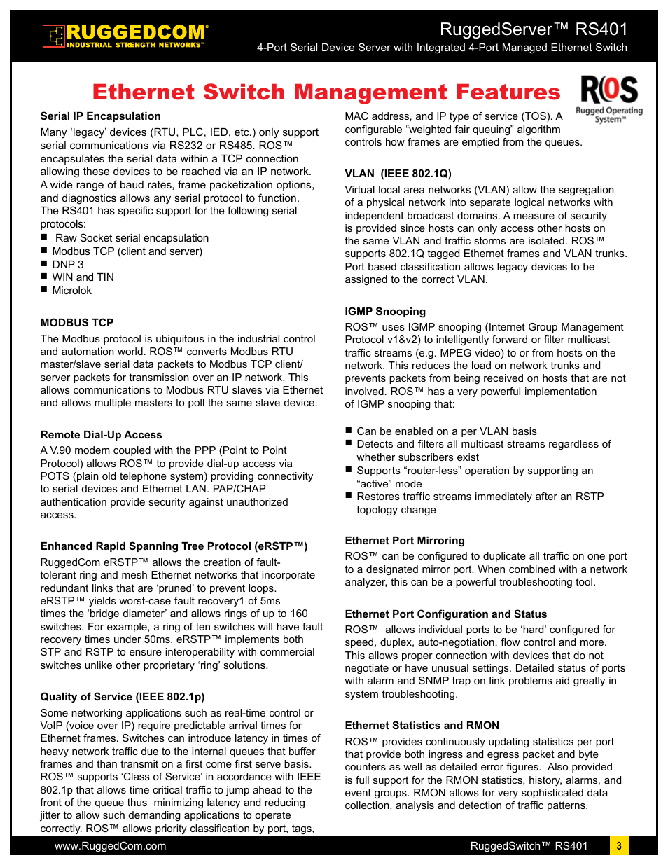Ethernet switch management features, Ruggedserver™ rs401 | RuggedCom RuggedServer RS401 User Manual | Page 3 / 8