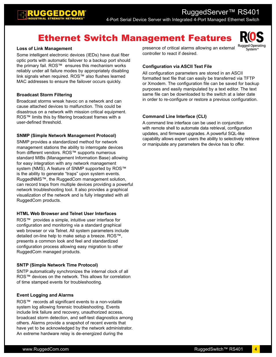 Ethernet switch management features, Ruggedserver™ rs401 | RuggedCom RuggedServer RS401 User Manual | Page 4 / 8