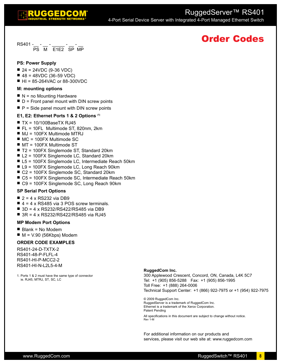 Order codes, Ruggedserver™ rs401 | RuggedCom RuggedServer RS401 User Manual | Page 8 / 8