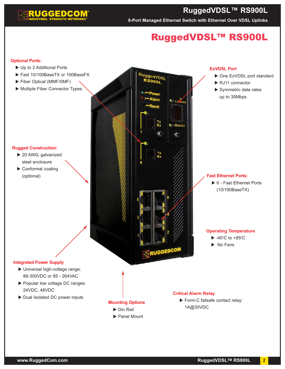 Ruggedvdsl™ rs900l | RuggedCom RuggedVDSL RS900L User Manual | Page 2 / 9