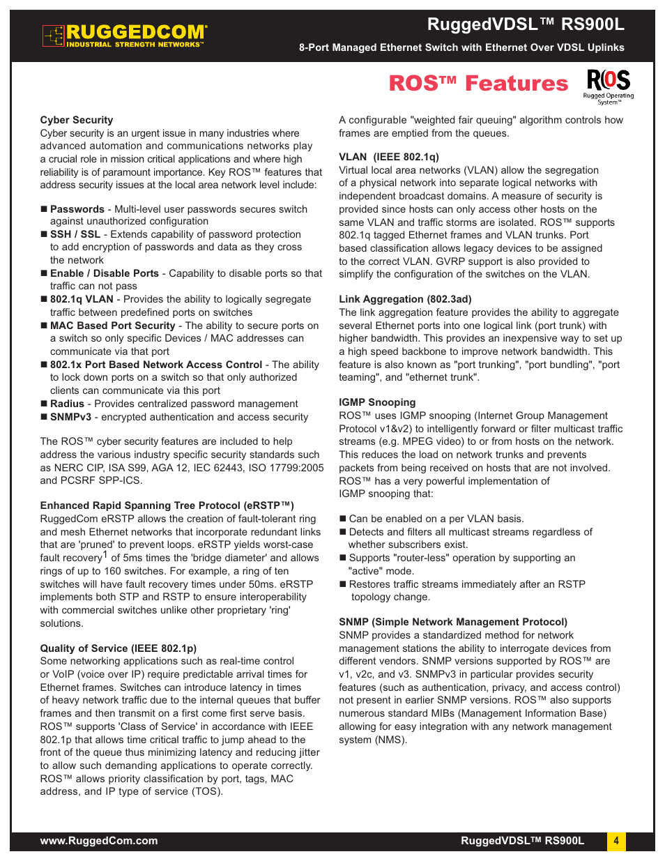 Features, Ruggedvdsl™ rs900l | RuggedCom RuggedVDSL RS900L User Manual | Page 4 / 9