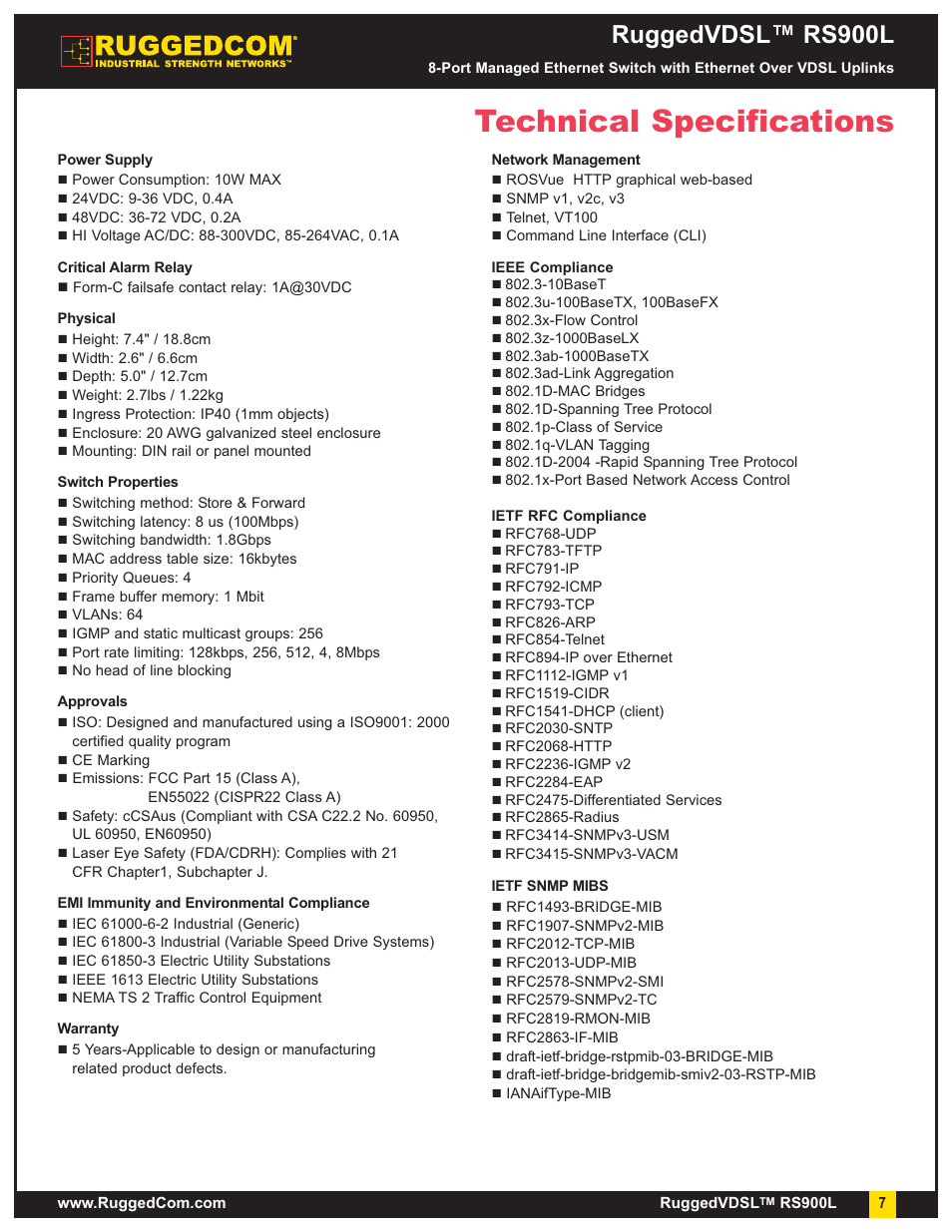 Technical specifications, Ruggedvdsl™ rs900l | RuggedCom RuggedVDSL RS900L User Manual | Page 7 / 9