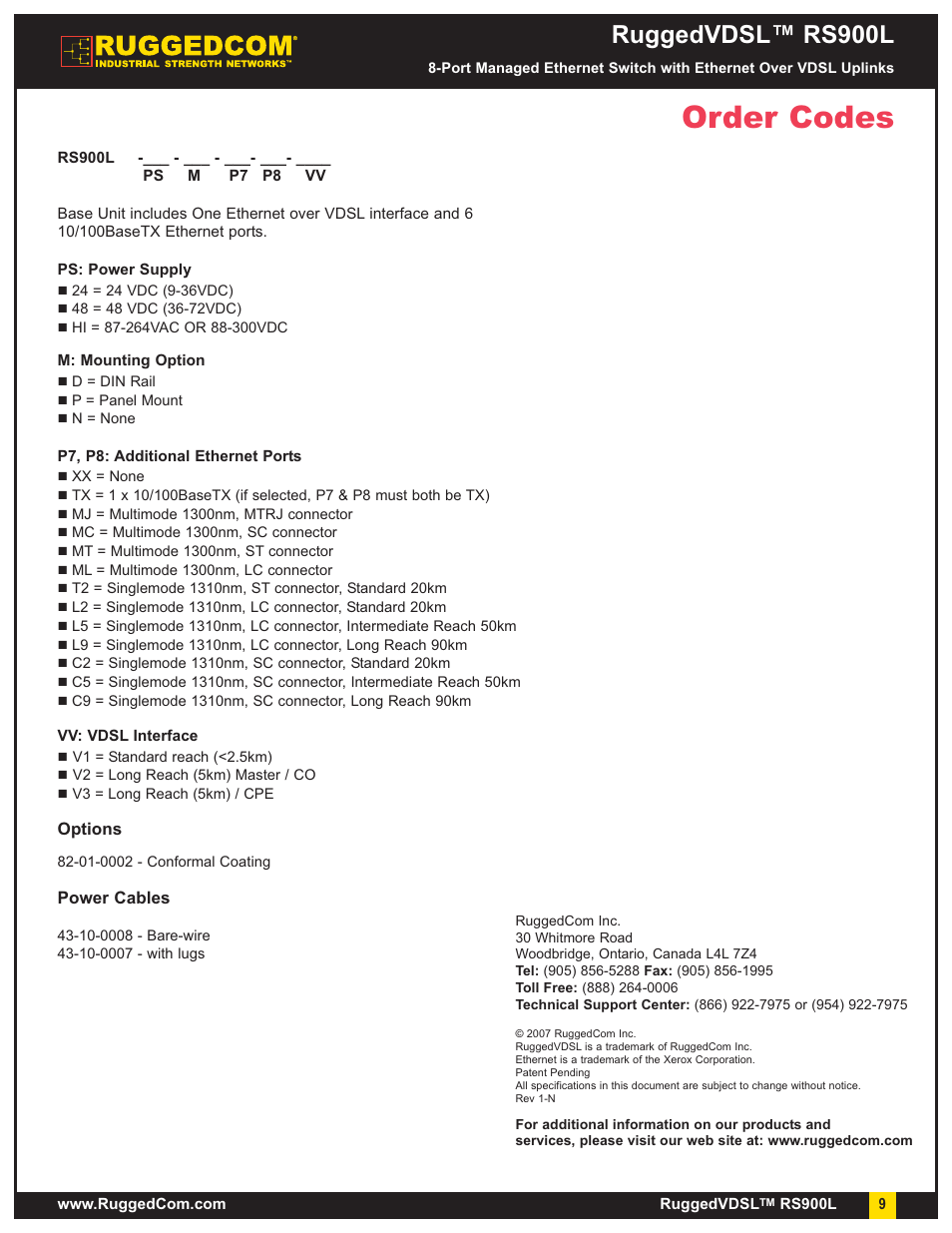 Order codes, Ruggedvdsl™ rs900l | RuggedCom RuggedVDSL RS900L User Manual | Page 9 / 9
