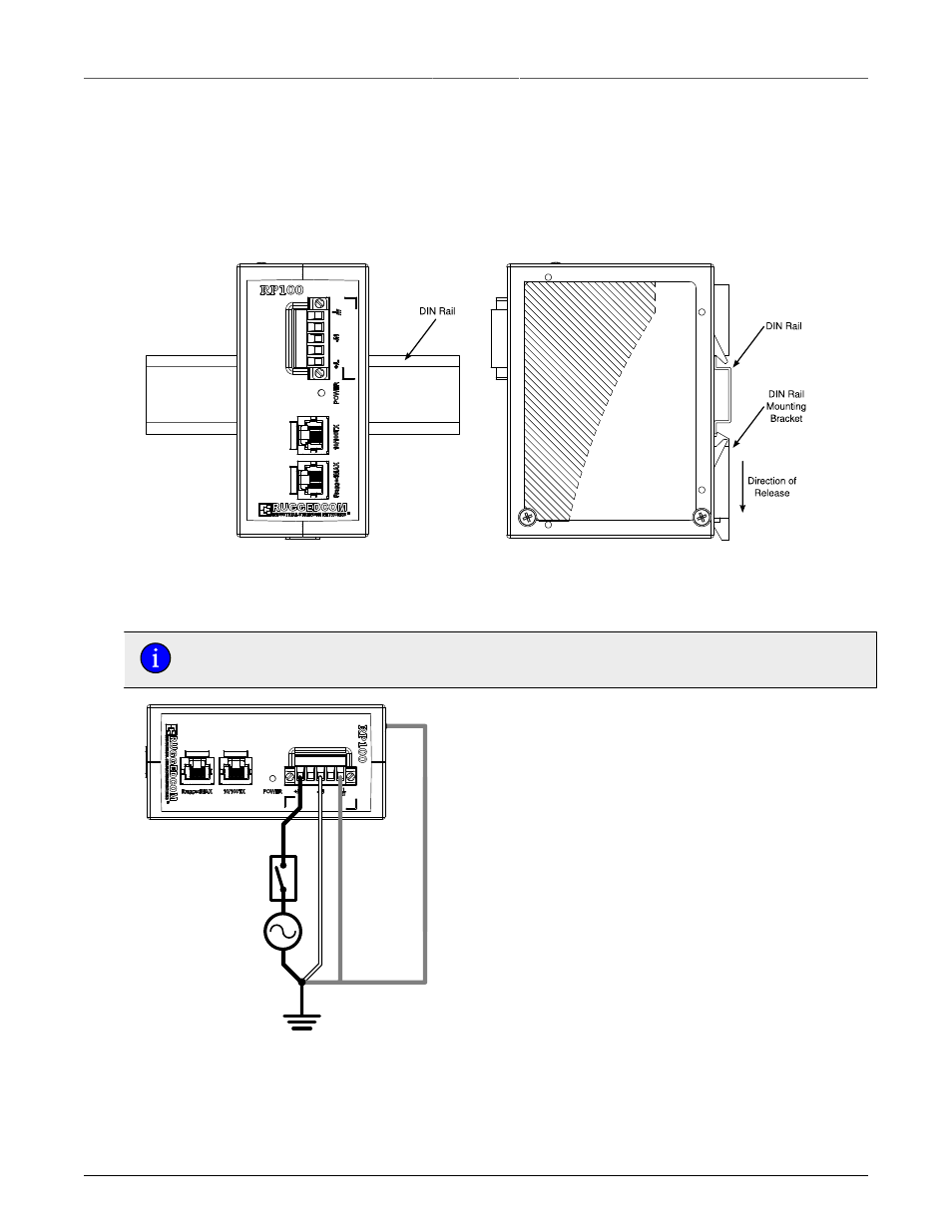 Installation, Din rail mounting, Ac power supply wiring and grounding | 9 2.2. ac power supply wiring and grounding, Rp100 din rail mounting, 9 2.2. ac power supply and ground connections | RuggedCom RUGGEDPOWER RP100 User Manual | Page 9 / 14