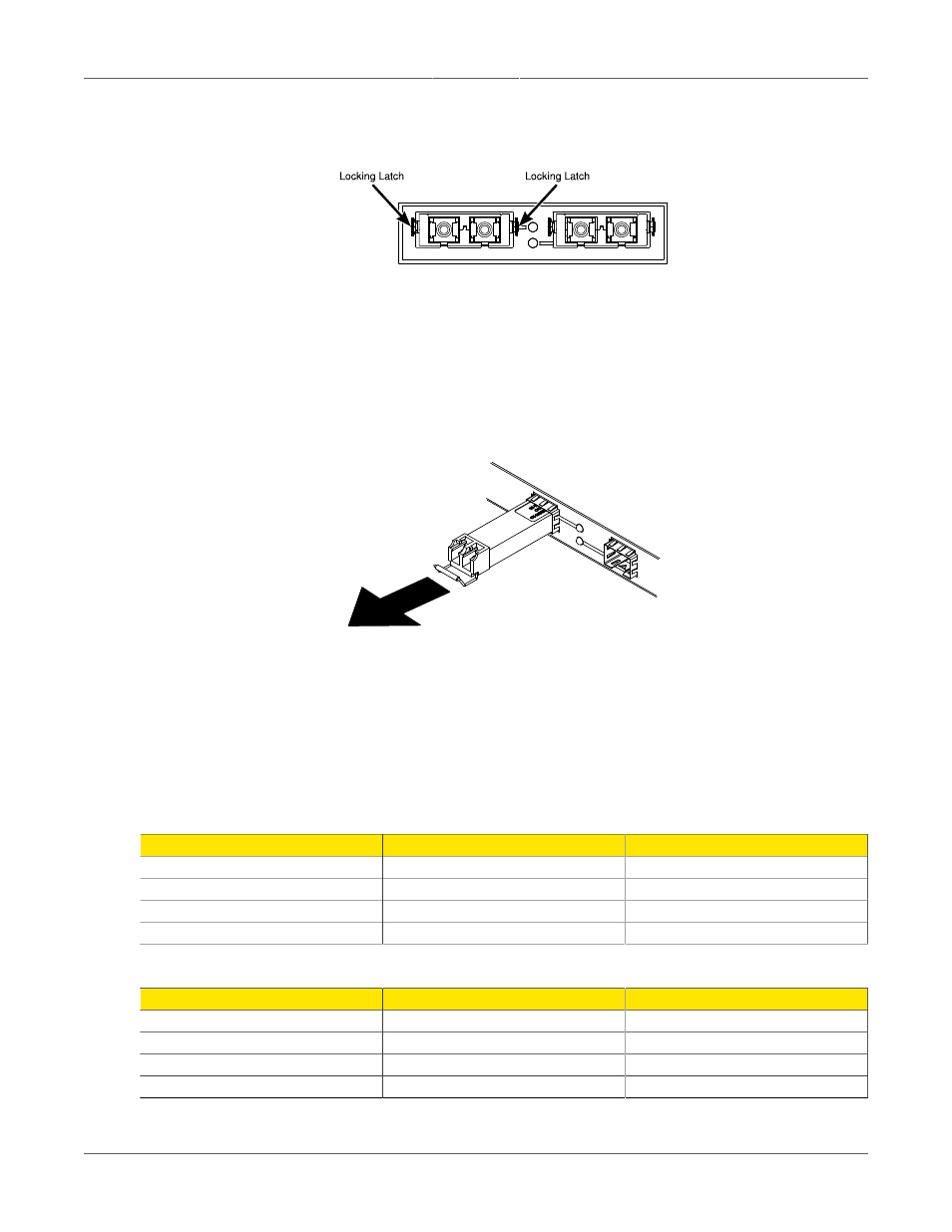 Sfp module removal, Precision time protocol (ptp) card and ieee1588 v2, Locking latch location on gbic optical modules | 25 3.28. sfp removal, Rsg2288 time synchronization sources, 25 3.6. rsg2288 time synchronization services, Section 3.3, “precision time, Protocol (ptp) card and ieee1588 v2, For details) | RuggedCom RUGGEDSWITCH RSG2288 User Manual | Page 25 / 39