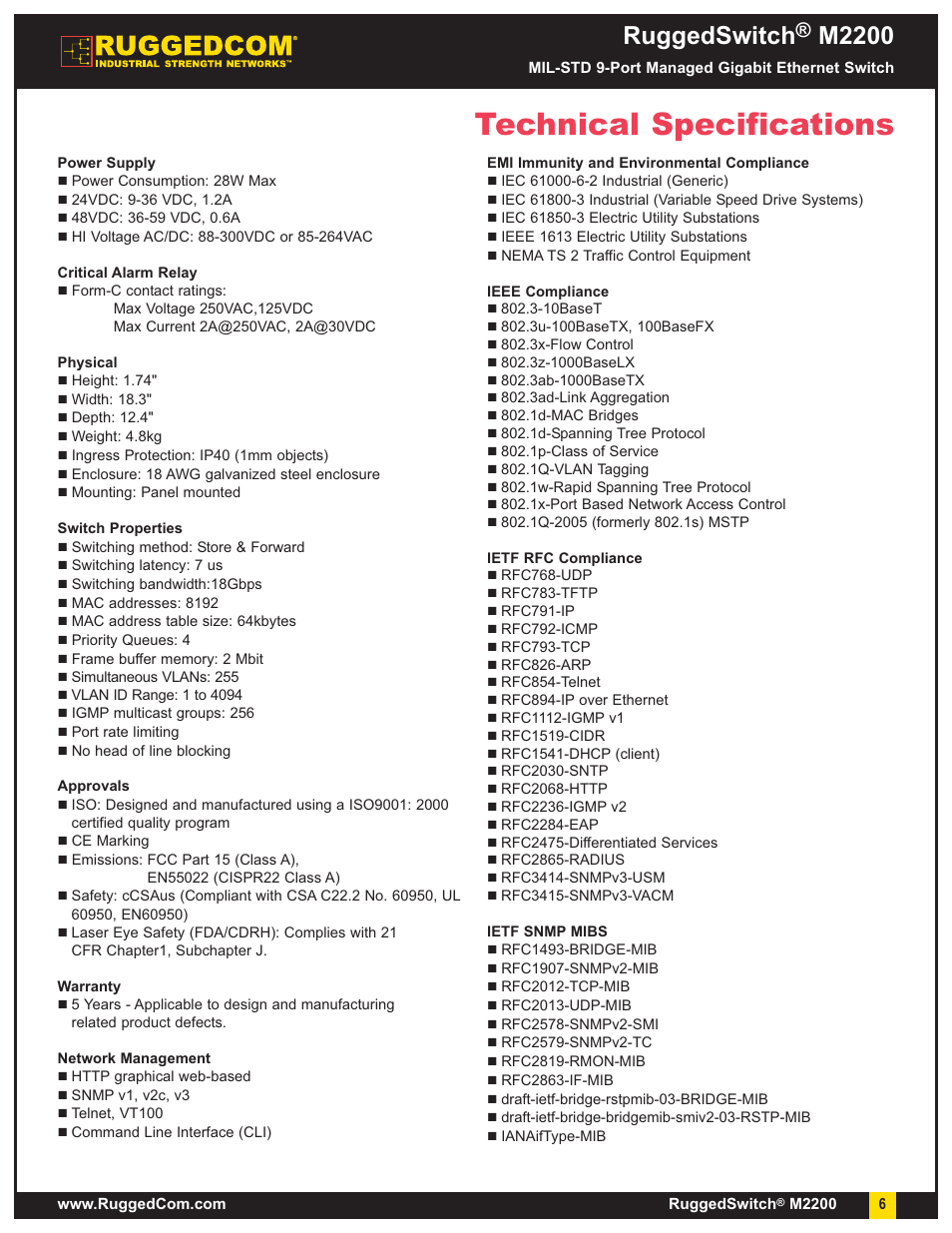 Technical specifications, Ruggedswitch, M2200 | RuggedCom M2200 User Manual | Page 6 / 9
