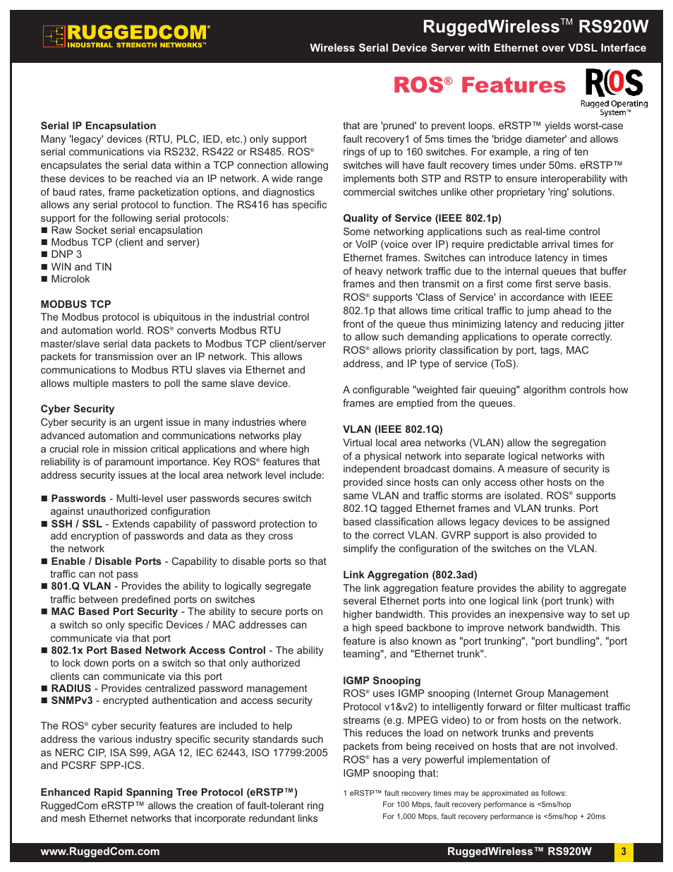 Features, Ruggedwireless, Rs920w | RuggedCom RuggedWireless RS920W User Manual | Page 3 / 8