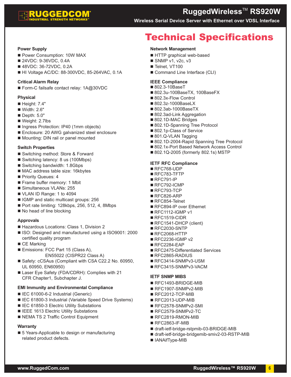 Technical specifications, Ruggedwireless, Rs920w | RuggedCom RuggedWireless RS920W User Manual | Page 6 / 8