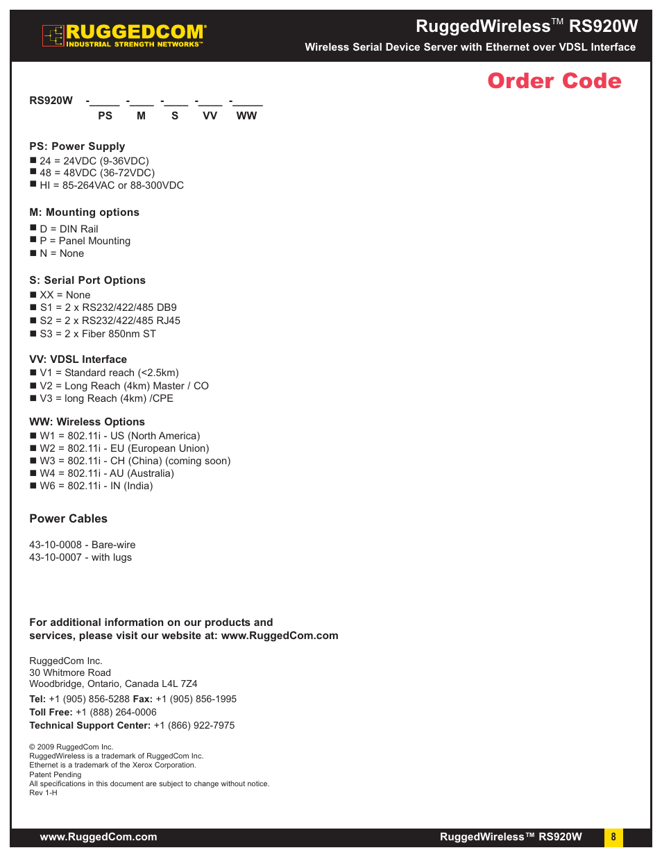 Order code, Ruggedwireless, Rs920w | RuggedCom RuggedWireless RS920W User Manual | Page 8 / 8