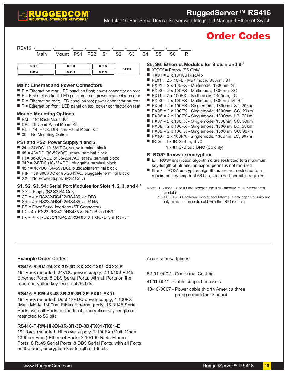 Order codes, Ruggedserver™ rs416 | RuggedCom RuggedServer RS416 User Manual | Page 10 / 11