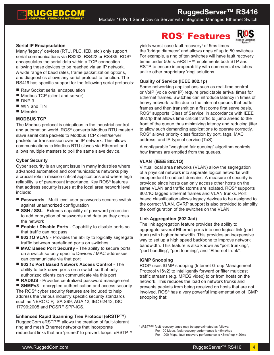 Features, Ruggedserver™ rs416 | RuggedCom RuggedServer RS416 User Manual | Page 4 / 11