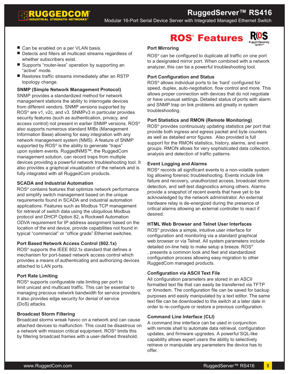 Features, Ruggedserver™ rs416 | RuggedCom RuggedServer RS416 User Manual | Page 5 / 11