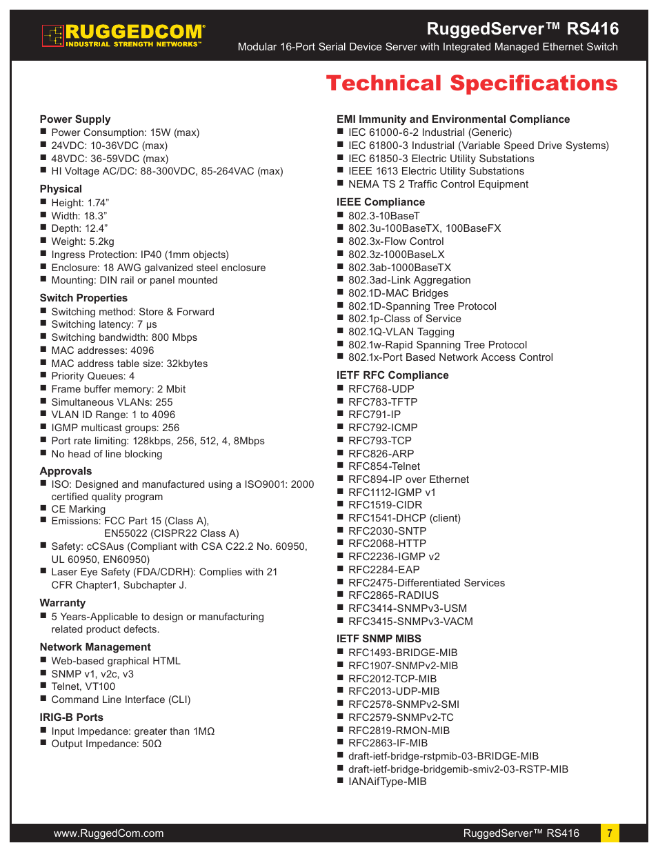 Technical specifications, Ruggedserver™ rs416 | RuggedCom RuggedServer RS416 User Manual | Page 7 / 11