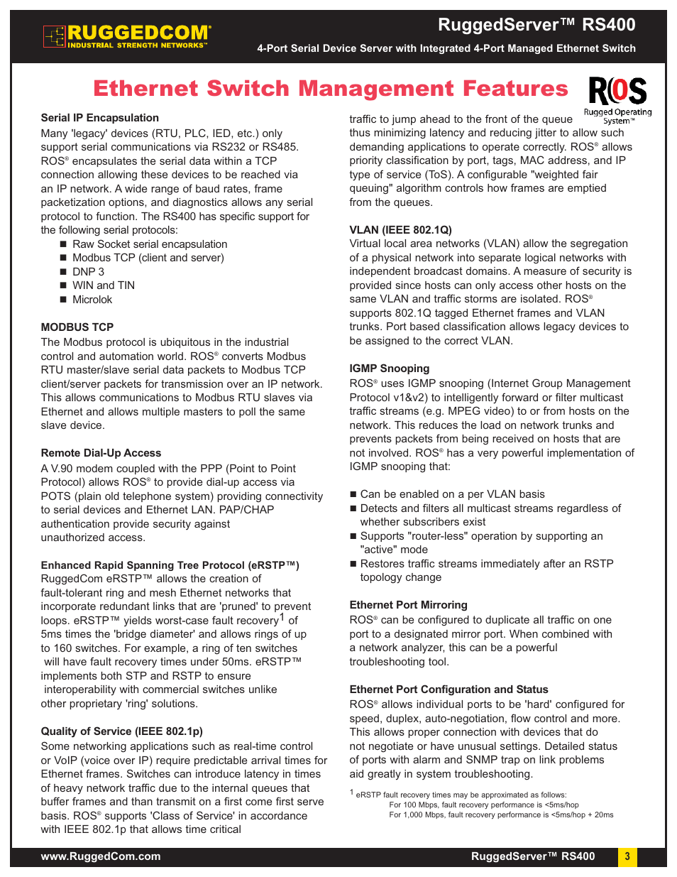 Ethernet switch management features, Ruggedserver™ rs400 | RuggedCom RuggedServer RS400 User Manual | Page 3 / 8