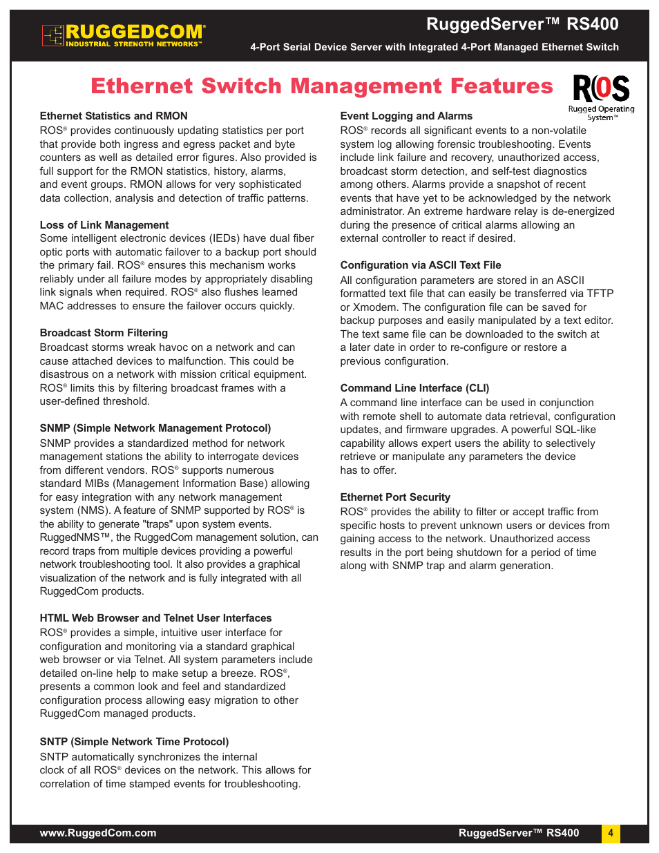 Ethernet switch management features, Ruggedserver™ rs400 | RuggedCom RuggedServer RS400 User Manual | Page 4 / 8