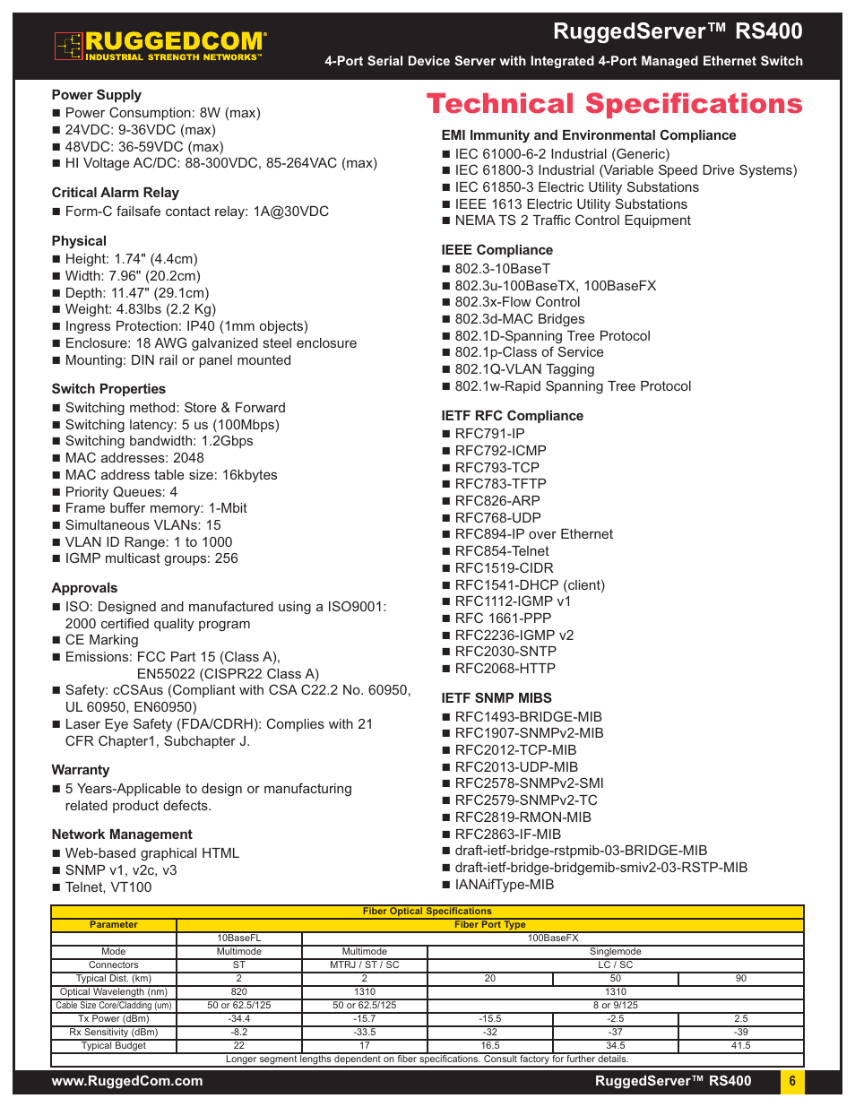 Technical specifications, Ruggedserver™ rs400 | RuggedCom RuggedServer RS400 User Manual | Page 6 / 8