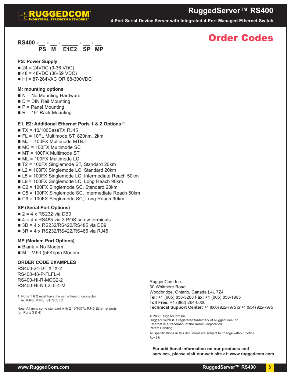 Order codes, Ruggedserver™ rs400 | RuggedCom RuggedServer RS400 User Manual | Page 8 / 8
