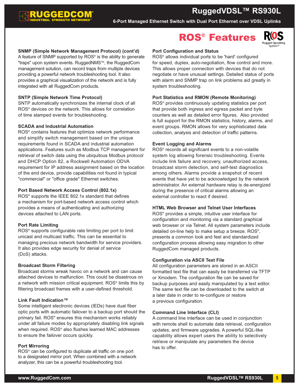 Features, Ruggedvdsl™ rs930l | RuggedCom RuggedVDSL RS930L User Manual | Page 5 / 9