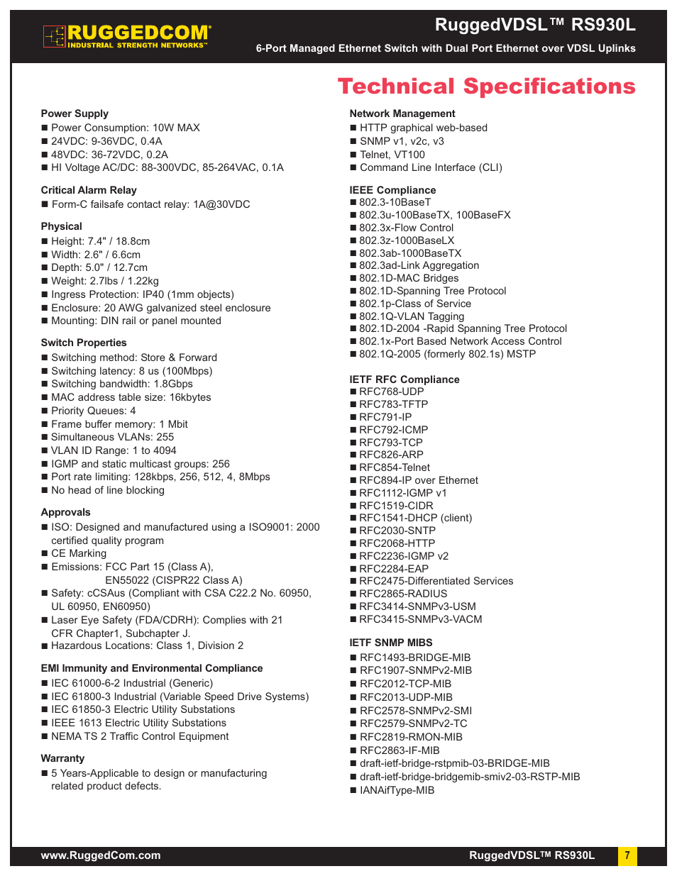 Technical specifications, Ruggedvdsl™ rs930l | RuggedCom RuggedVDSL RS930L User Manual | Page 7 / 9