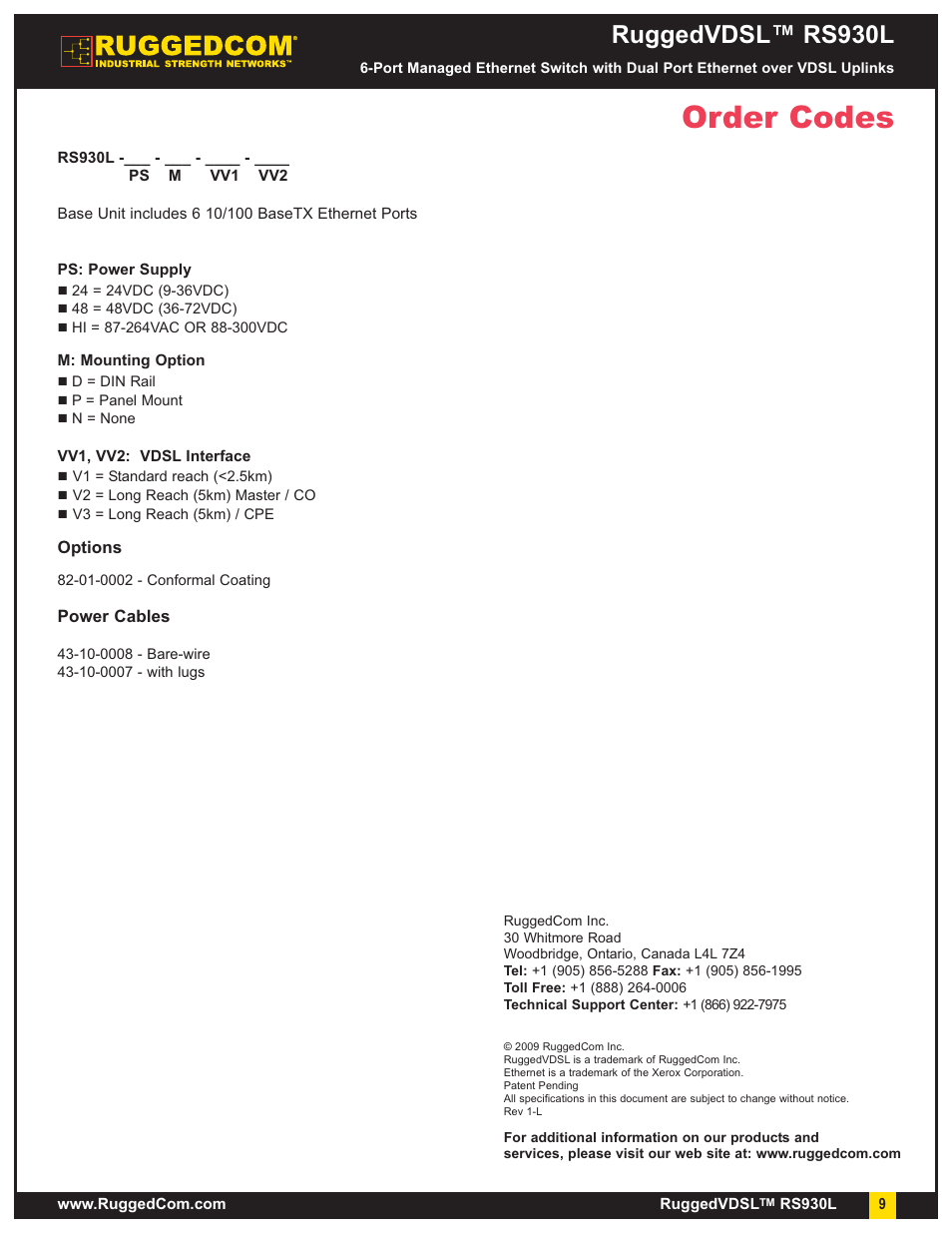 Order codes, Ruggedvdsl™ rs930l | RuggedCom RuggedVDSL RS930L User Manual | Page 9 / 9