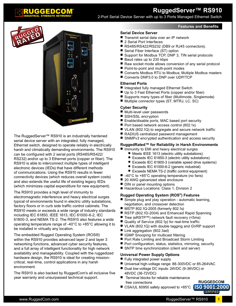 RuggedCom RuggedServer RS910 User Manual | 9 pages
