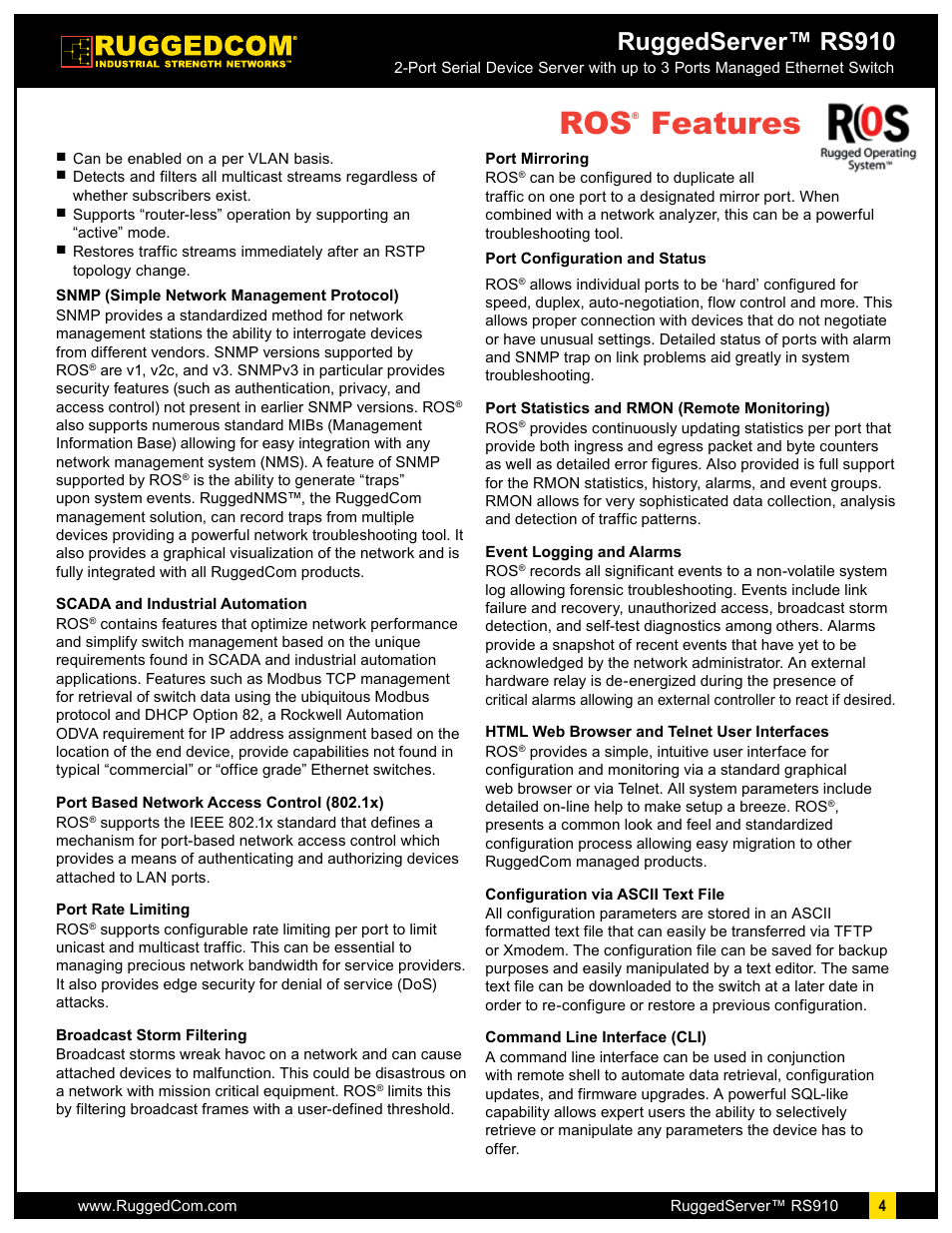 Features, Ruggedserver™ rs910 | RuggedCom RuggedServer RS910 User Manual | Page 4 / 9