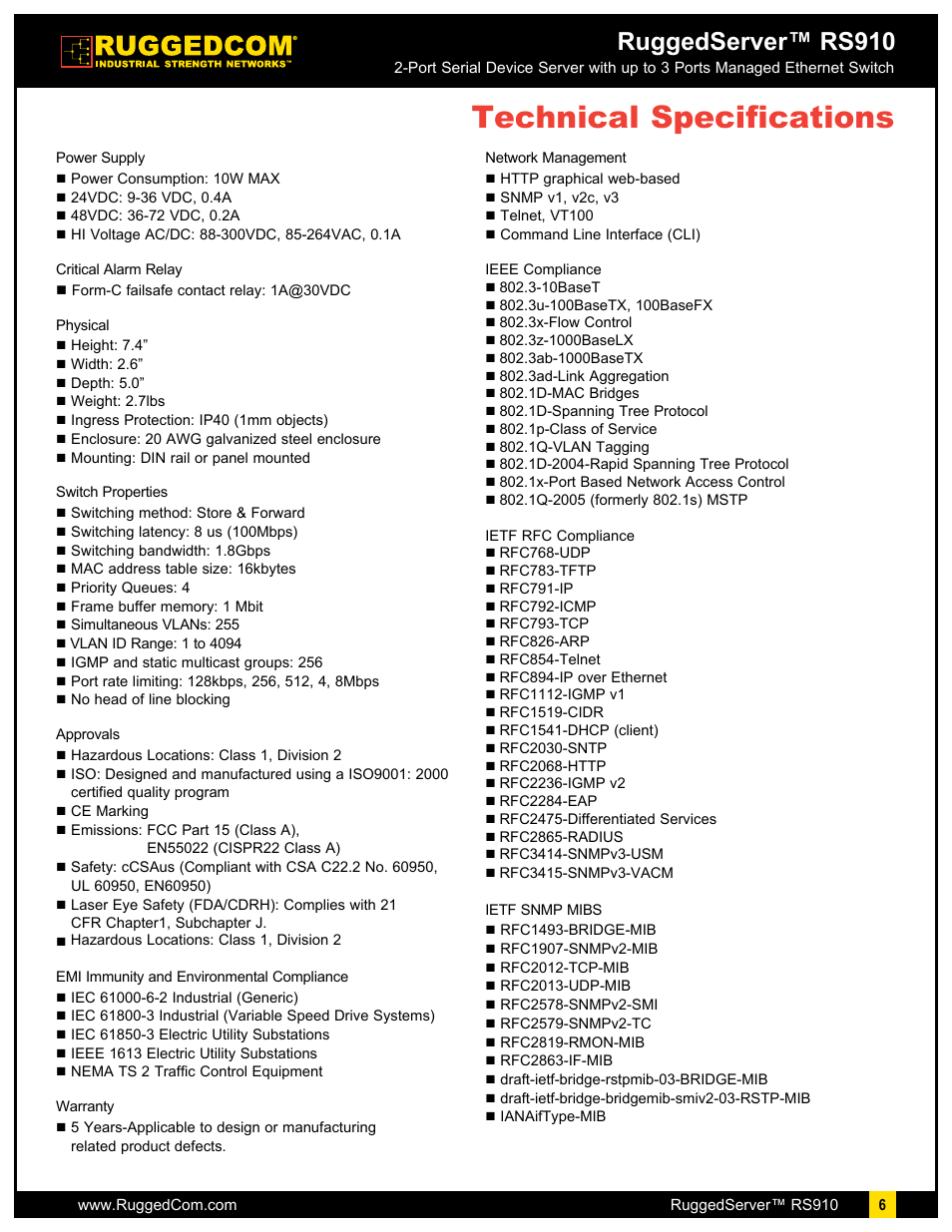 Technical specifications, Ruggedserver™ rs910 | RuggedCom RuggedServer RS910 User Manual | Page 6 / 9