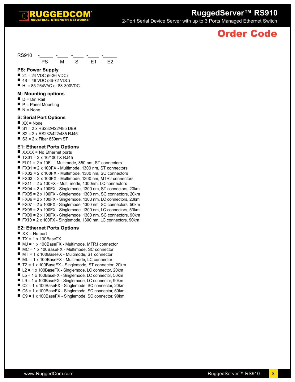 Order code, Ruggedserver™ rs910 | RuggedCom RuggedServer RS910 User Manual | Page 8 / 9