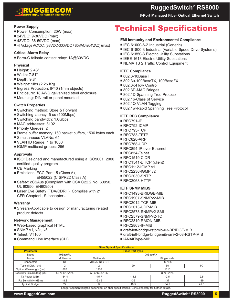 Technical specifications, Ruggedswitch, Rs8000 | RuggedCom RS8000 User Manual | Page 5 / 7