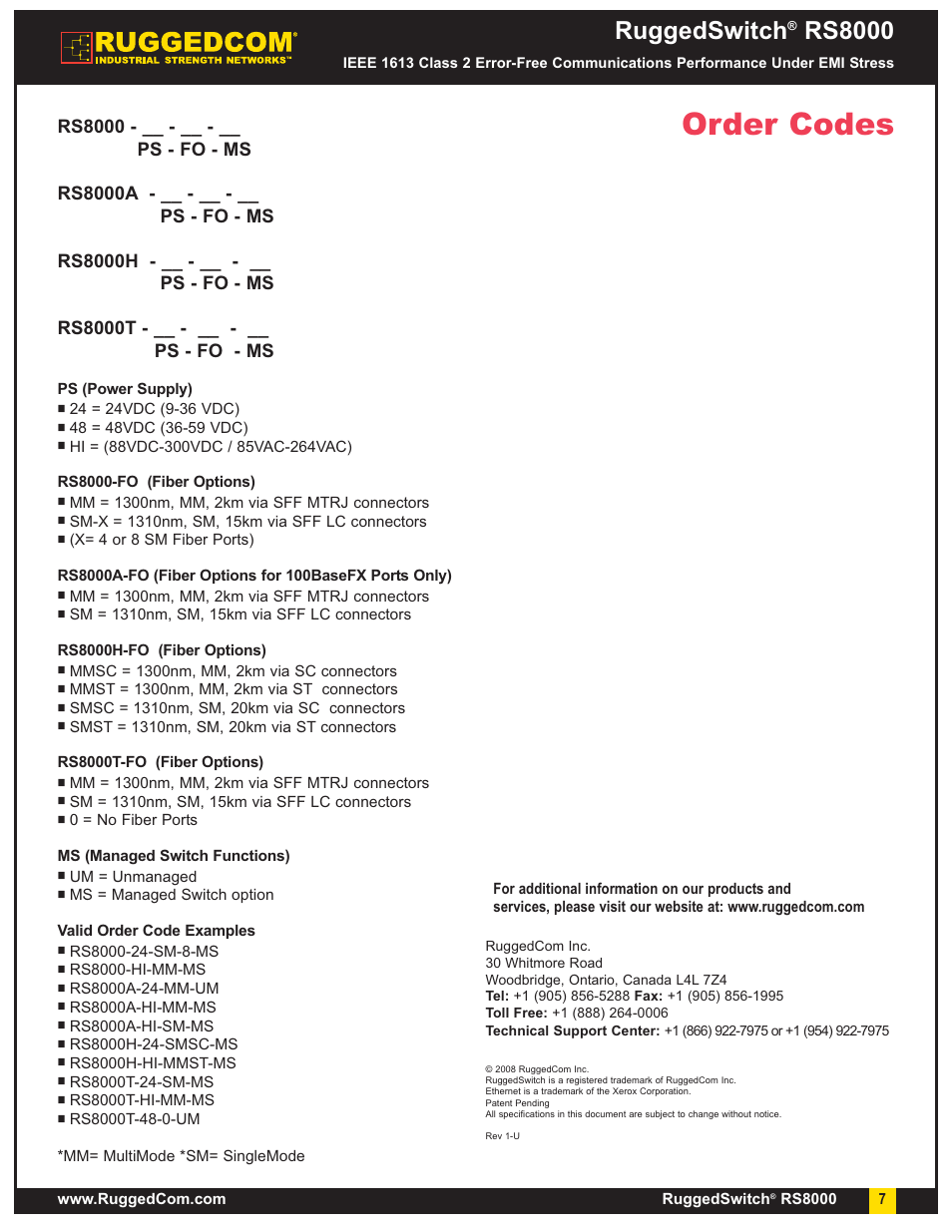 Order codes, Ruggedswitch, Rs8000 | RuggedCom RS8000 User Manual | Page 7 / 7